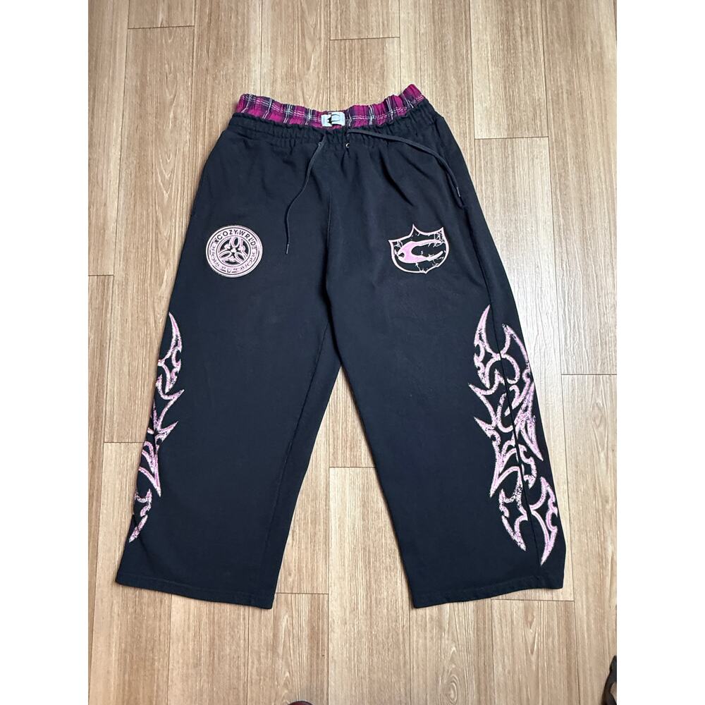 Cozy Wrld L Black Pink Tribal Graphic Sweatpants Plaid Waist Joggers